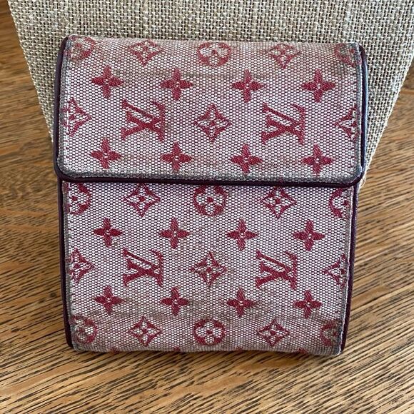 Louis Vuitton Red/Sepia Monogram Lin Porte-Tresor Canvas & Leather Wallet w/COA. - Picture 1 of 15